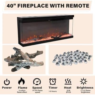 Enhanced modern electric fireplace with remote control, adjustable flame effects, heat, and brightness for cozy home ambiance. Perfect for living rooms and bedrooms.