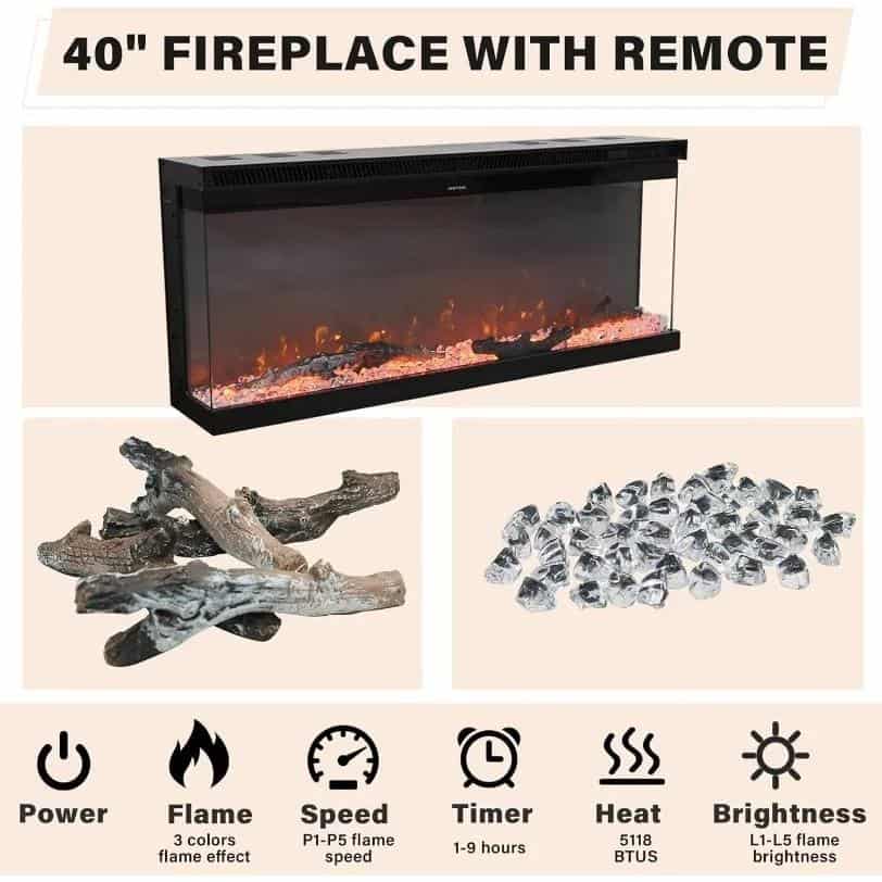 Enhanced modern electric fireplace with remote control, adjustable flame effects, heat, and brightness for cozy home ambiance. Perfect for living rooms and bedrooms.