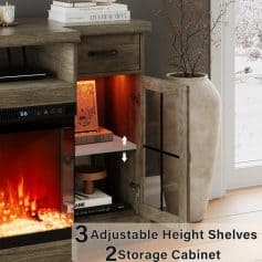 Beautiful wooden storage cabinet with fireplace, adjustable height shelves, and modern design, perfect for living rooms or home office decor.