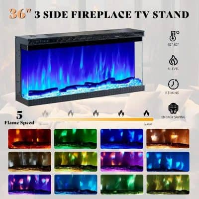 Modern electric fireplace TV stand with 36-inch size, adjustable heat settings, and colorful flames for home decor and entertainment.