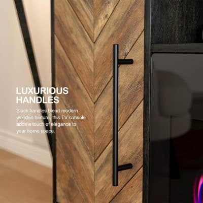 Modern black handles with wooden texture on TV console for elegant home decor. Enhance your living space with stylish, durable handles.