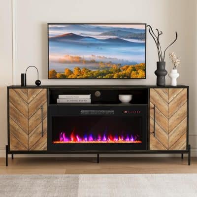 Stylish living room entertainment center with built-in electric fireplace, contemporary design, and ample storage for media and decor. Perfect for enhancing your home's aesthetic and comfort.