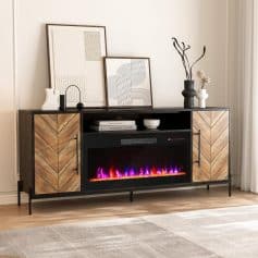 Elegant black and wood TV unit featuring a built-in electric fireplace, perfect for cozy living room ambiance, from Monalisa Store.