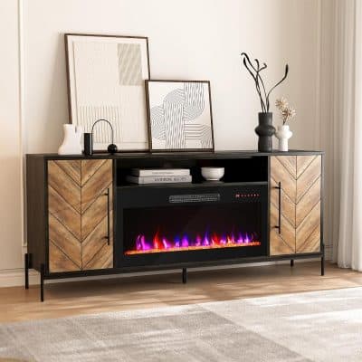 Elegant black and wood TV unit featuring a built-in electric fireplace, perfect for cozy living room ambiance, from Monalisa Store.