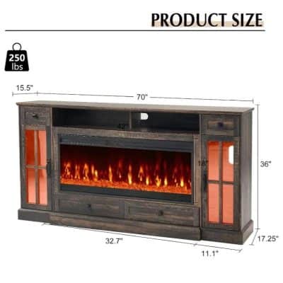 Vintage wooden fireplace entertainment center with LED flame effect, spacious storage, and sleek design for living rooms and bedrooms.