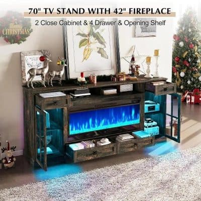 Stylish TV stand with built-in fireplace, storage drawers, candle holders, and festive decor, ideal for modern living rooms and home entertainment setups.