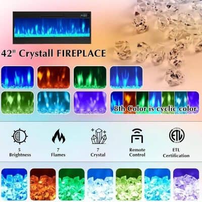Bright, flame, crystal, remote control, ETL certified electric fireplace with vibrant LED colors and adjustable brightness.