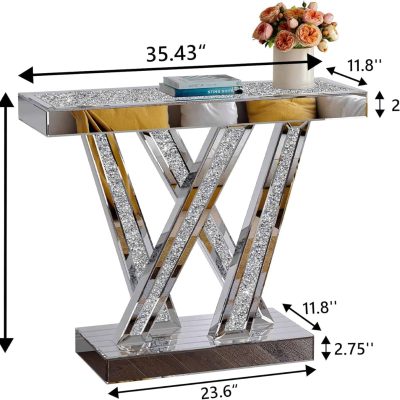Elegant glass and crystal console table with geometric design, perfect for modern home decor and adding a touch of sophistication to your living space.