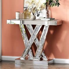 Gorgeous mirrored console table with crystal-studded accents, perfect for modern interior design and visual appeal in living spaces or entryways.