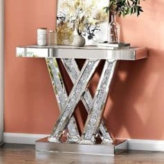 Luxurious mirrored decorative console table with crystal accents, ideal for modern home interior design and stylish living spaces.