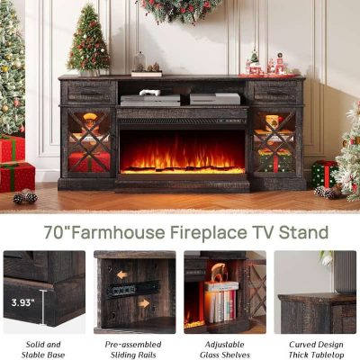 Rustic wood TV stand with electric fire insert, adjustable glass shelves, pre-assembled sliding rails, and curved design surface for cozy holiday decor.