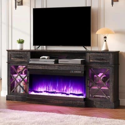 Elegant TV stand with integrated electric fireplace, perfect for living rooms, offering stylish storage and cozy ambiance. Ideal for modern home decor and entertainment setups.
