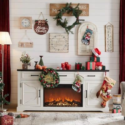 Festive Christmas decoration with stockings, wreaths, and presents in a cozy holiday store setting. Perfect for Christmas decor, showcasing a warm fireplace and seasonal ornaments.