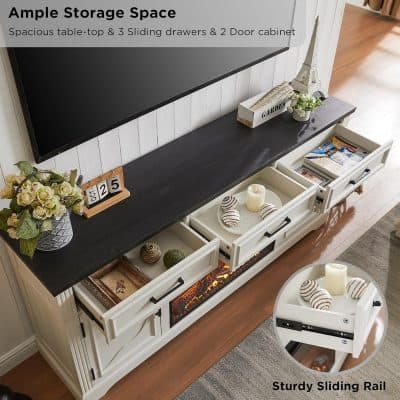 Elegant storage console with sliding drawers, ideal for organizing media and accessories in living rooms or offices. Features a durable black top and white base, perfect for modern interior designs.