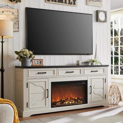 Stylish white TV stand with electric fireplace, ideal for living rooms, providing warmth and entertainment area. Perfect blend of modern design and cozy ambiance.