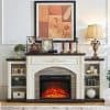 Elegant living room fireplace with classic mantel, decorative candles, vintage clock, framed art, and plush accents, creating a warm and inviting atmosphere.