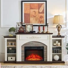 Elegant living room fireplace with classic mantel, decorative candles, vintage clock, framed art, and plush accents, creating a warm and inviting atmosphere.