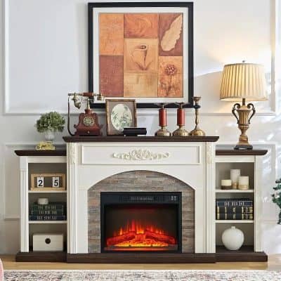 Elegant living room fireplace with classic mantel, decorative candles, vintage clock, framed art, and plush accents, creating a warm and inviting atmosphere.