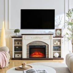 Spacious living room featuring a modern electric fireplace, elegant white mantel, flat-screen TV, decorative shelves, and stylish accessories, creating a warm and inviting atmosphere.