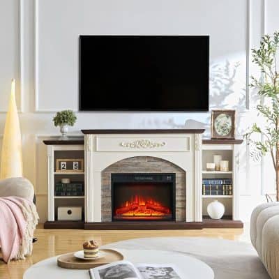 Spacious living room featuring a modern electric fireplace, elegant white mantel, flat-screen TV, decorative shelves, and stylish accessories, creating a warm and inviting atmosphere.