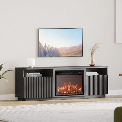 Elegant black TV console featuring integrated electric fireplace, perfect for stylish living rooms, offering both entertainment and cozy ambiance, ideal for home decor and comfort.