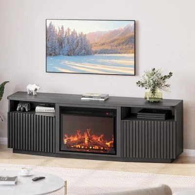 Stylish black TV stand featuring an integrated electric fireplace and ample storage, perfect for enhancing living room decor.