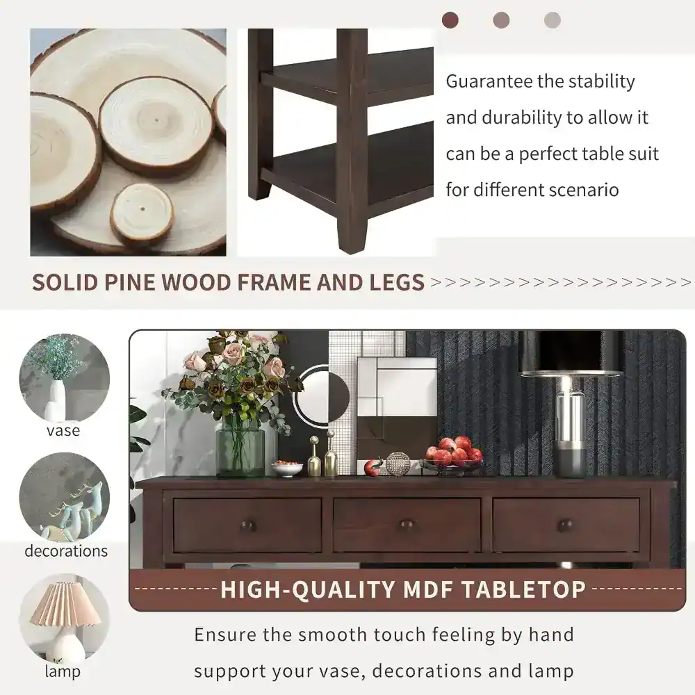 Long Console Table with 3 Drawers and Double Open Shelves for Entryway - Image 5