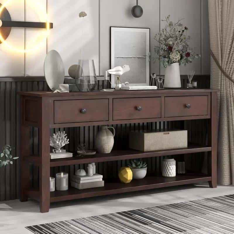 Long Console Table with 3 Drawers and Double Open Shelves for Entryway