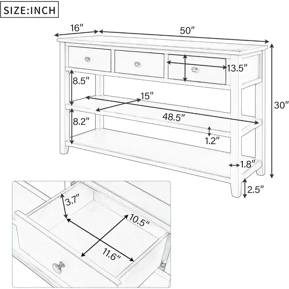 Long Console Table with 3 Drawers and Double Open Shelves for Entryway - Image 7