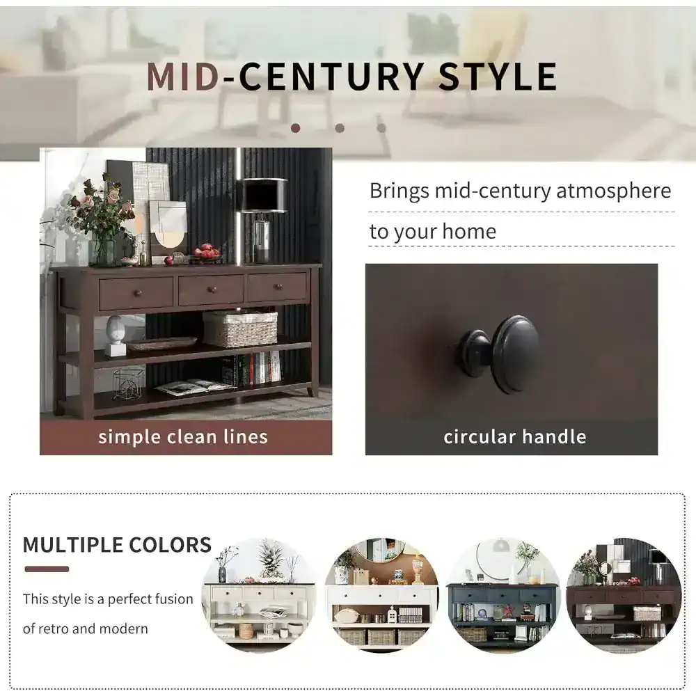 Long Console Table with 3 Drawers and Double Open Shelves for Entryway - Image 6