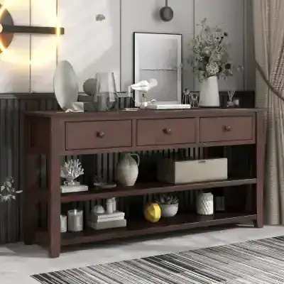 Alternative view of Long Console Table with 3 Drawers and Double Open Shelves for Entryway