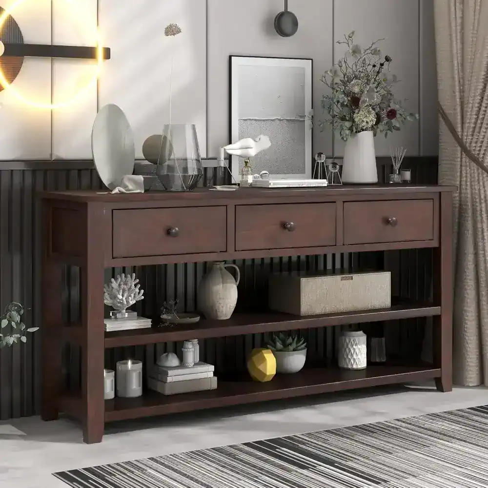 Long Console Table with 3 Drawers and Double Open Shelves for Entryway - Image 2