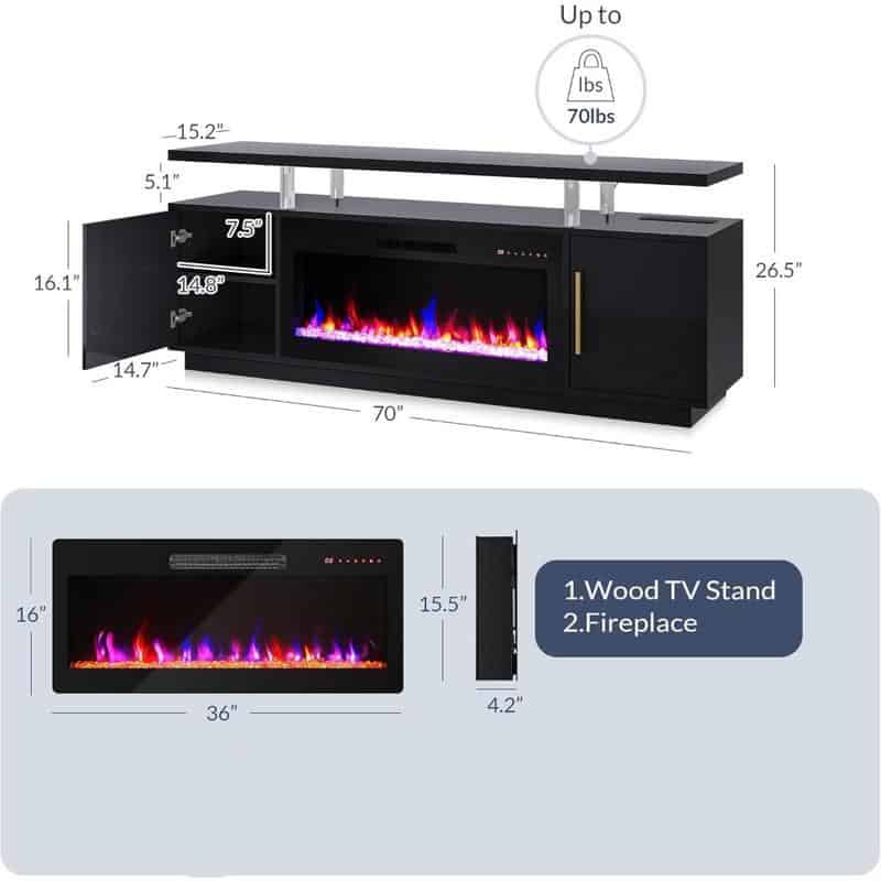 70" TV Stand with LED Lights, 36" Electric Fireplace, Storage Cabinet & USB AC - Image 7