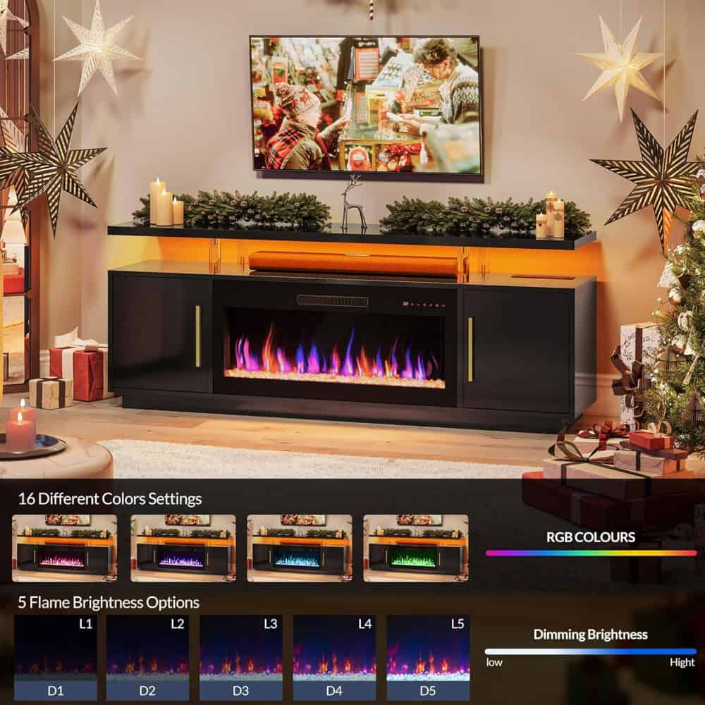 70" TV Stand with LED Lights, 36" Electric Fireplace, Storage Cabinet & USB AC - Image 3