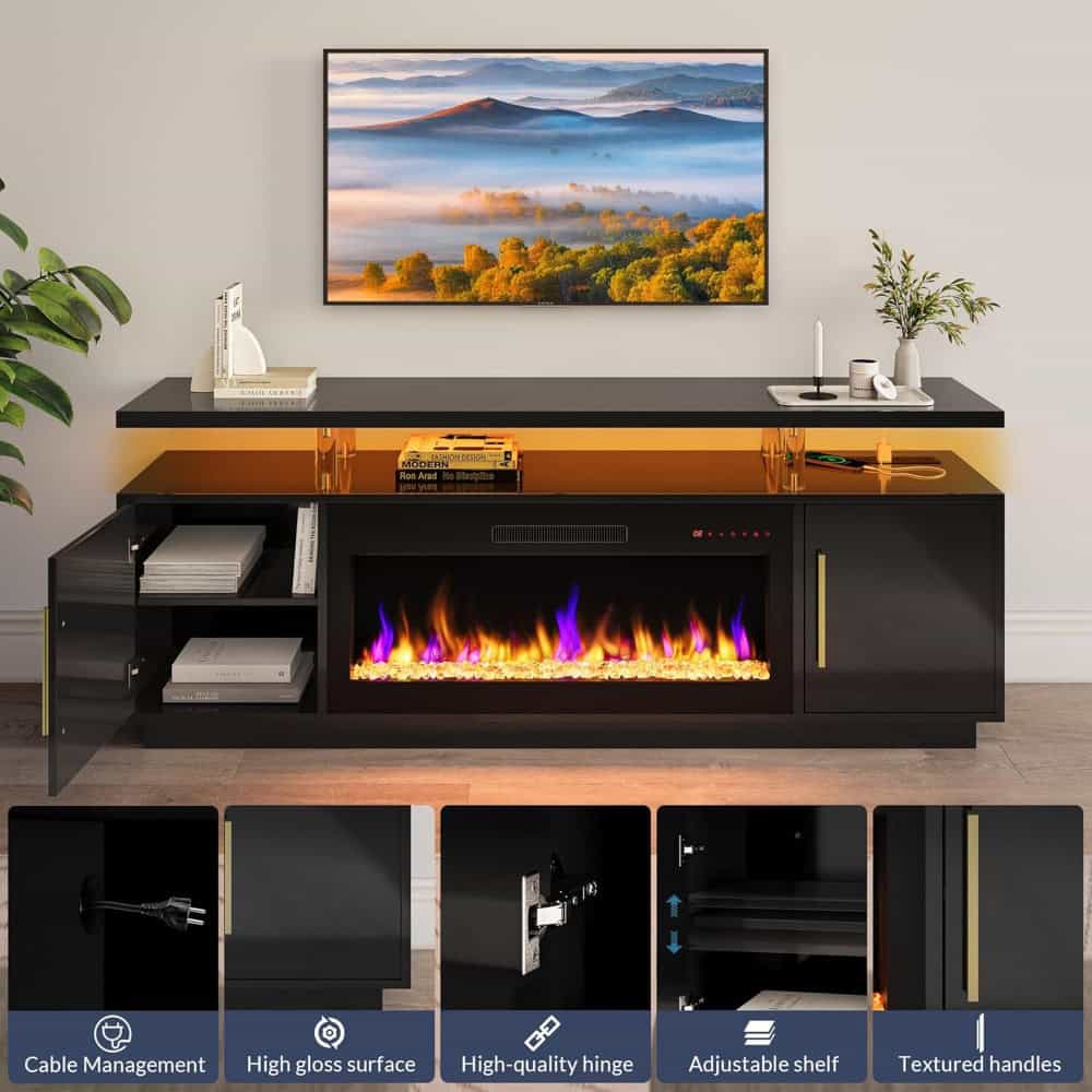 70" TV Stand with LED Lights, 36" Electric Fireplace, Storage Cabinet & USB AC - Image 4
