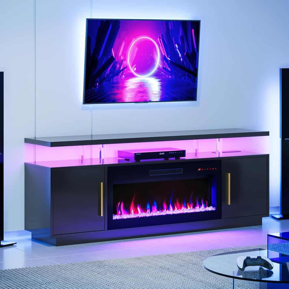 70" TV Stand with LED Lights, 36" Electric Fireplace, Storage Cabinet & USB AC - Image 2