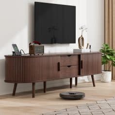 69" Mid Century Modern TV Stand with Charging Station & Sliding Doors