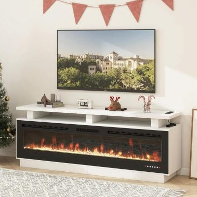 Modern Fireplace TV Stand with 70" Electric Fireplace, Solid Wood Mantel