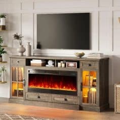 70” Farmhouse Fireplace TV Stand with 42" Electric Fireplace & LED Lights