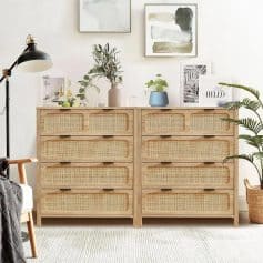 4 Drawer Rattan Dresser Set of 2, Wooden Storage Cabinet for Bedroom & Entryway