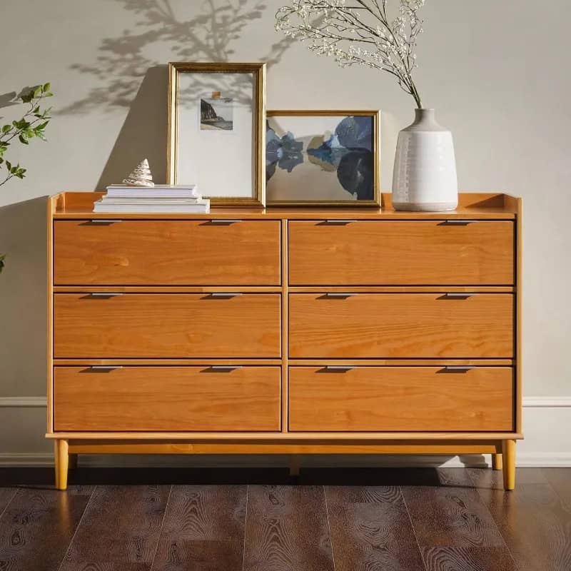 Modern Solid Wood 6-Drawer Dresser with Gallery-Top