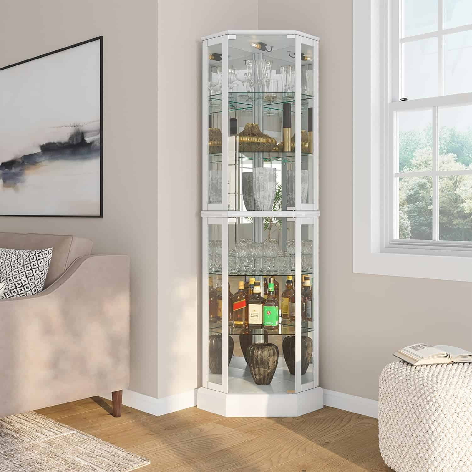 Lighted Glass Display Curio Cabinet with Tempered Glass Doors and Shelves - Image 4