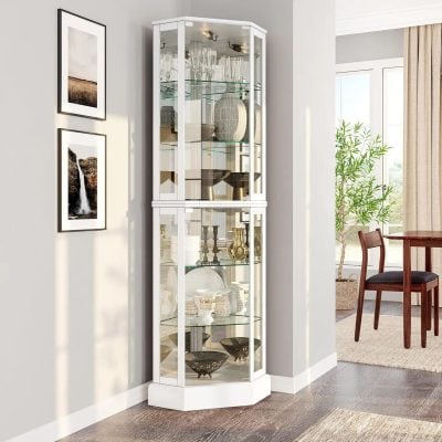 Lighted Glass Display Curio Cabinet with Tempered Glass Doors and Shelves