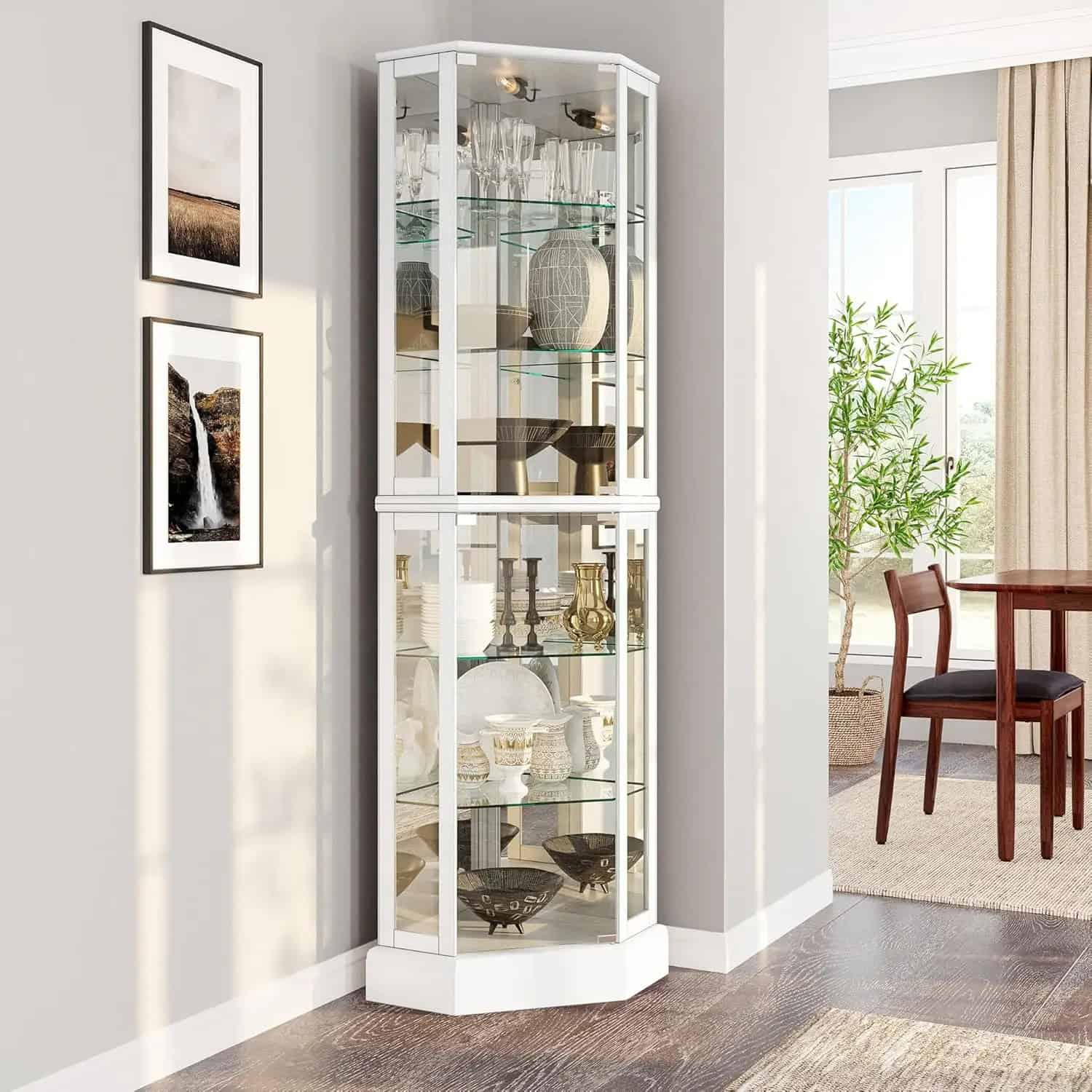 Lighted Glass Display Curio Cabinet with Tempered Glass Doors and Shelves