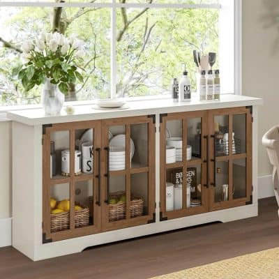 63" Modern Farmhouse Sideboard Cabinet with Glass Doors & Adjustable Shelf