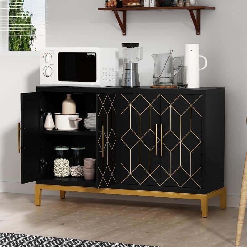 Modern White Accent Cabinet with Gold Lines and Shelves - Image 6