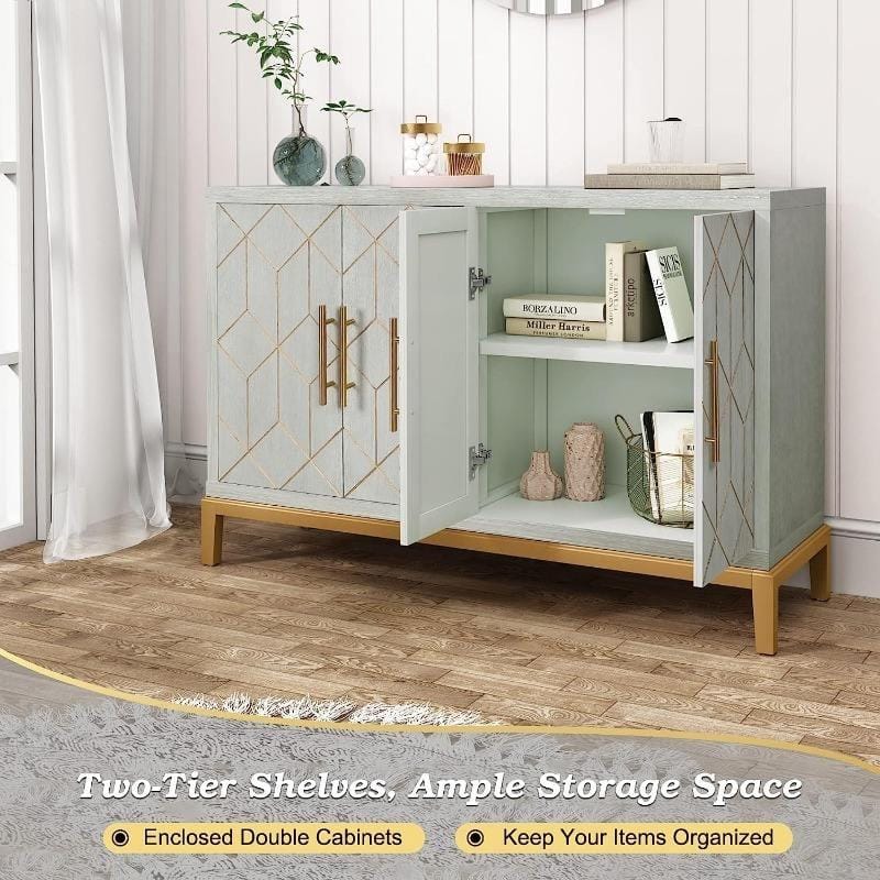 Modern White Accent Cabinet with Gold Lines and Shelves - Image 3