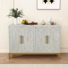Modern White Accent Cabinet with Gold Lines and Shelves