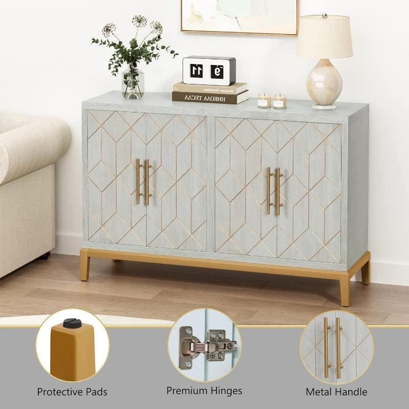 Modern White Accent Cabinet with Gold Lines and Shelves - Image 4