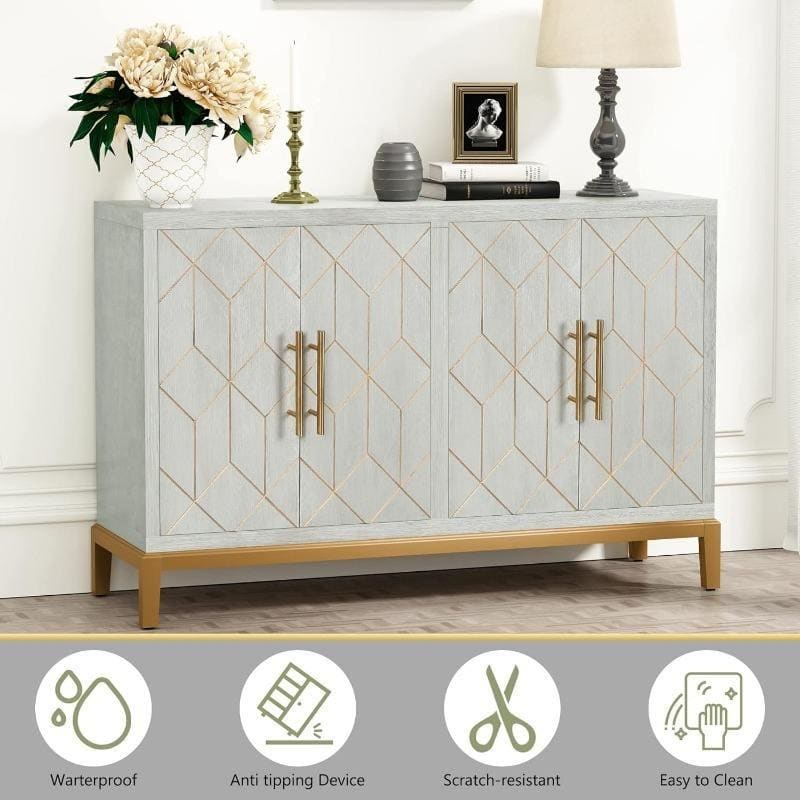 Modern White Accent Cabinet with Gold Lines and Shelves - Image 5